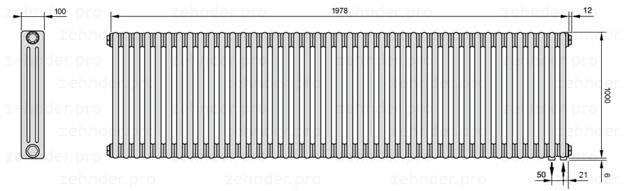 Схема (чертеж) Радиатор Zehnder Charleston 3100/43 №5510 Белый глянцевый RAL 9016